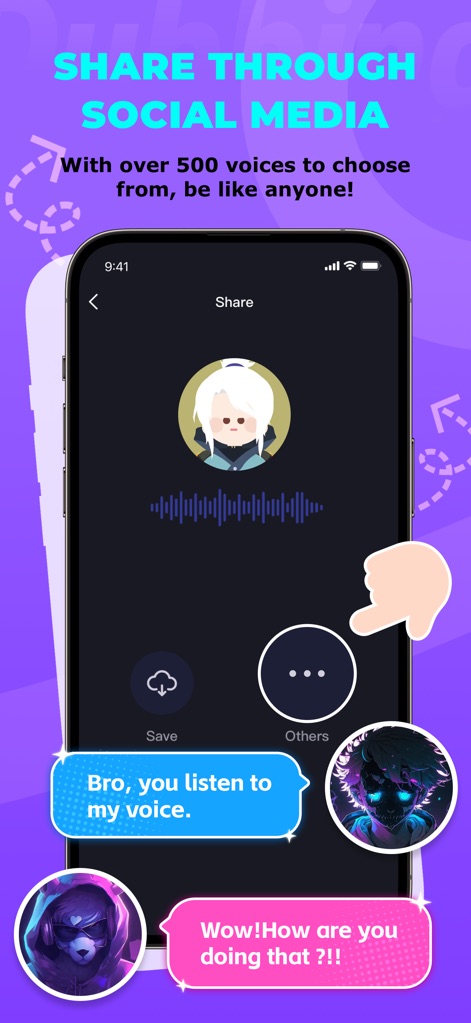 Dubbing AI - AI Voice Changer - Users can easily share their transformed voices through social media with intuitive 'Save' and 'Others' options, complemented by engaging chat bubble examples.