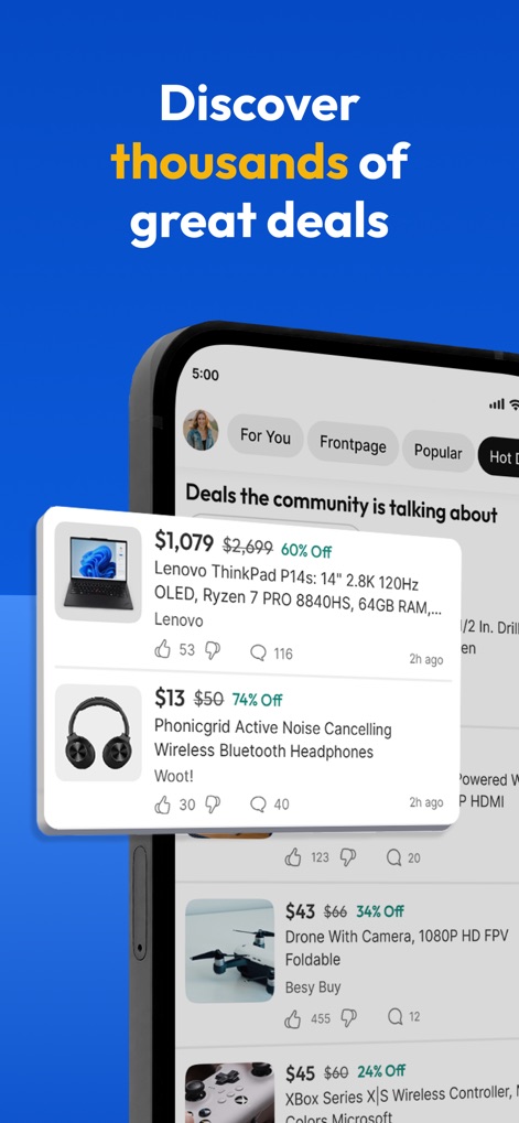 Slickdeals: Deals & Discounts - Les utilisateurs peuvent explorer des offres populaires et participer à la découverte de deals grâce aux indications d'engagement communautaire (nombre de "J'aime" et commentaires).