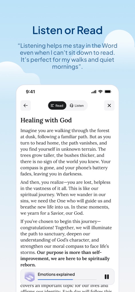 Duomo: Bible & Daily Devotions - The app offers flexible content consumption through a 'Read' or 'Listen' toggle and integrated audio playback with a play/pause button.