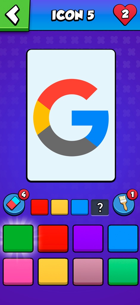 Colormania - Guess the Colors - 사용자는 부분적으로 채워진 Google 'G' 로고를 보고 올바른 색상 팔레트에서 선택하여 색상을 맞출 수 있습니다.