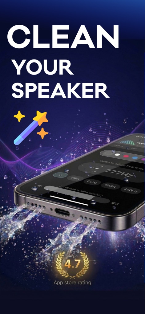 Water Eject ~ Speaker Wizard - Witness the app's effective water ejection process and the intuitive frequency selection interface for quick speaker drying.