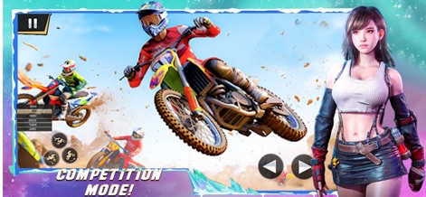 Dirt Bike Racing Simulator 3D - Os usuários podem notar o "Modo Competição!" ativo e a presença de uma personagem de estilo anime em um cenário nevado ao fundo.