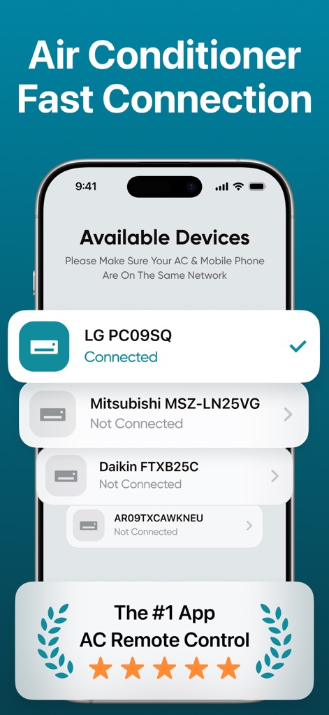 AC Remote・Air Conditioner - This tool simplifies setup, showcasing a clear list of available devices and indicating the 'Connected' status for quick, hassle-free pairing with a user's AC unit.
