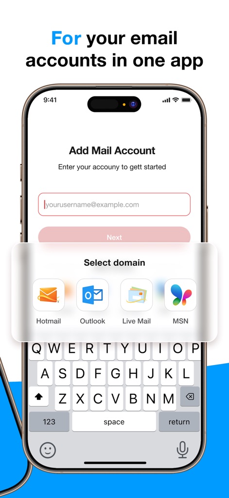 Email for Hotmail, Outlook - A tela de configuração ilustra a escolha de domínios populares, como Hotmail e Outlook, e o campo de entrada para o endereço de e-mail do usuário.