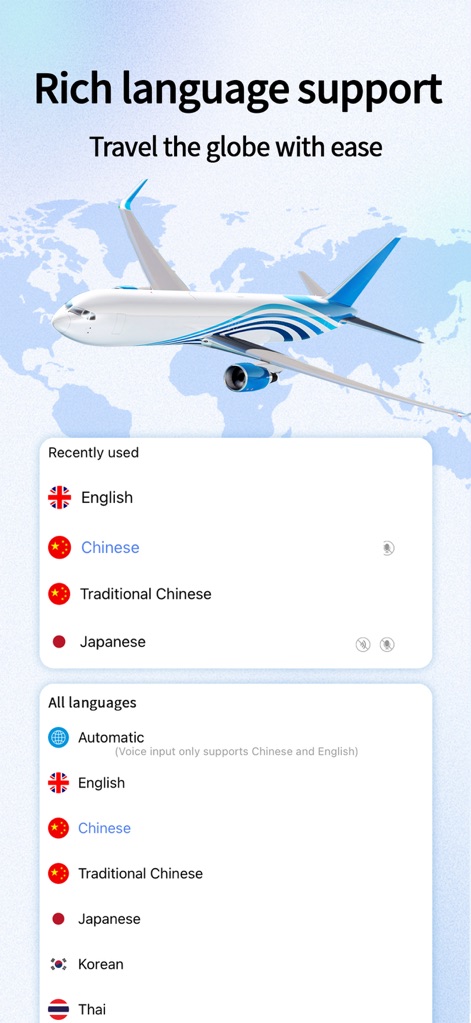 Translate - Text Speak & Photo - O aplicativo oferece um extenso suporte a idiomas, visível na lista de "Recently used" e "All languages", permitindo que os viajantes se comuniquem facilmente em várias culturas com a exibição de bandeiras e nomes dos idiomas.
