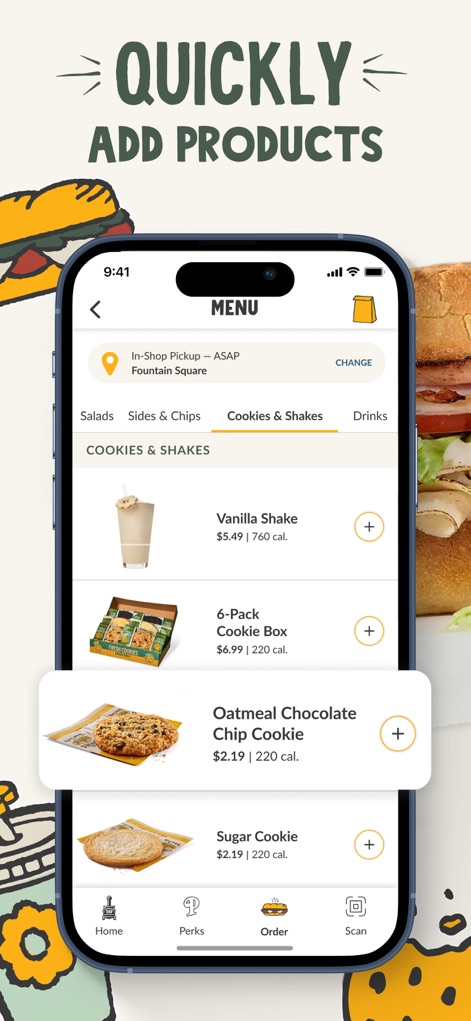 Potbelly Sandwich Works - The app presents a clearly categorized menu with tabs like 'Cookies & Shakes', enabling users to 'Quickly Add Products' with prominent '+' buttons next to each item.