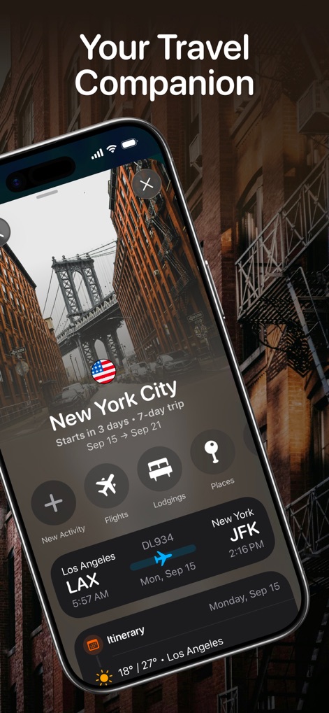 Tripsy: Travel Planner - Observe how the app centralizes key trip information, offering an at-a-glance view of your "New York City" itinerary and essential travel categories like "Flights" and "Lodgings."