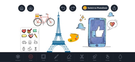 Drawing Pad - - Cet outil offre une richesse de personnalisation avec une bibliothèque d'autocollants et de tampons pour embellir les créations, et propose des fonctionnalités d'édition comme le rognage et le flou pour des ajustements parfaits.