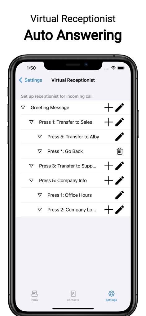 Second Phone Number: Text Call - Implement a virtual receptionist with customizable greeting messages and multiple options for call redirection.
