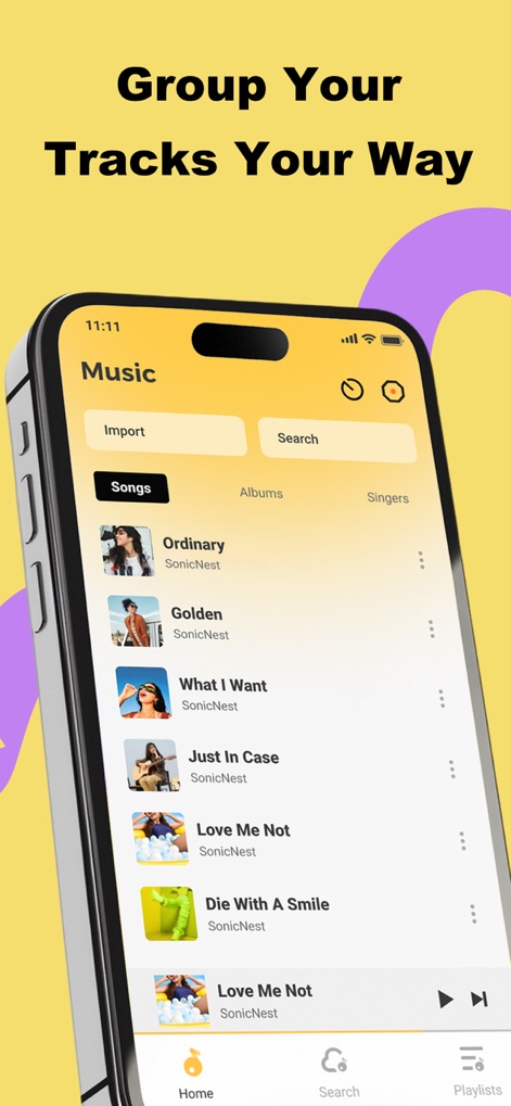 SonicNest-Music Player - This view highlights the app's powerful library organization capabilities, showcasing categorized browsing by "Songs," "Albums," or "Singers," and the "Import" functionality for effortless collection building.