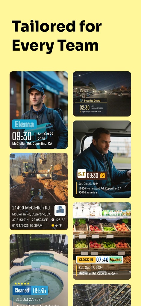 Timemark: #1 Job Photo App - La aplicación demuestra su adaptabilidad a diversos sectores con múltiples ejemplos visuales de distintos trabajos, mostrando plantillas personalizadas con datos relevantes como el estado 'Cleaned' o 'Clock In' en cada imagen.