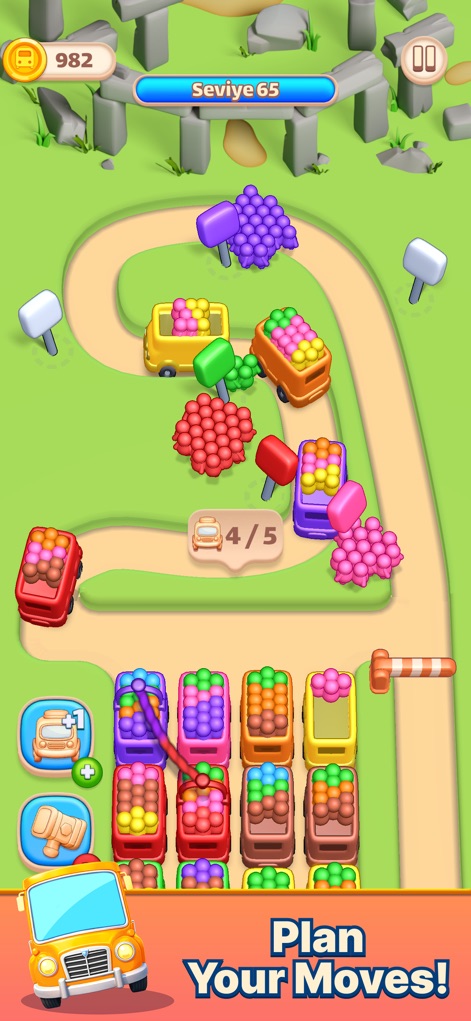 Color Bus Trip - Players navigate the strategic passenger dropping mechanics in a lush green environment, planning their moves to efficiently manage bus routes.