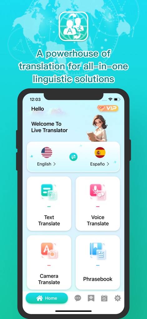 Live Translator:AI Translate - Discover Live Translator:AI Translate's welcoming home screen, showcasing intuitive language pair selection and dedicated buttons for Text Translate and Voice Translate functions.