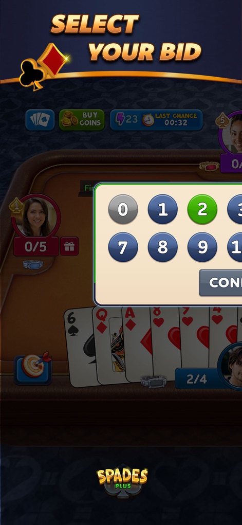 Spades Plus - Card Game - Examine the intuitive 'Bidding Overlay' where users select their bid, a crucial step based on the cards in their 'Player's Hand'.