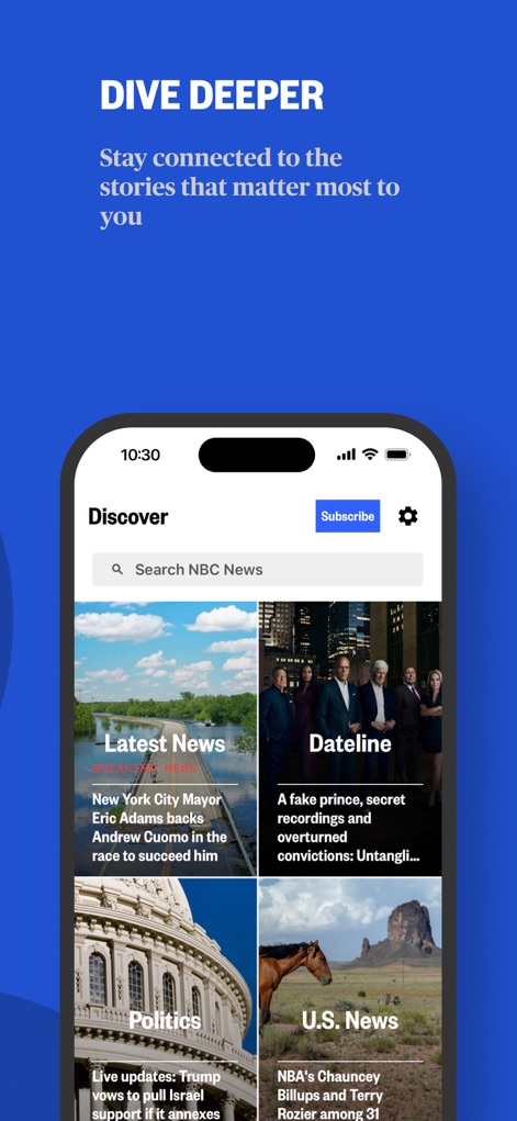 NBC News: Breaking & US News - Les utilisateurs peuvent facilement explorer le contenu grâce à une barre de recherche intuitive et des cartes thématiques bien organisées telles que "Latest News" et "Politics", facilitant la découverte d'informations.