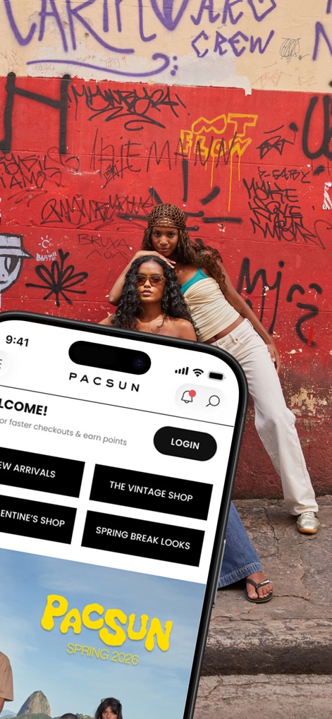 Pacsun - Examine the personalized 'WELCOME!' screen, offering swift login access and direct pathways to curated sections like 'NEW ARRIVALS'.