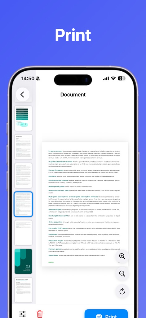 Smart Printer App : Scan - Observe the comprehensive print preview interface, featuring navigable page thumbnails and a prominent "Print" button for effortless document output.