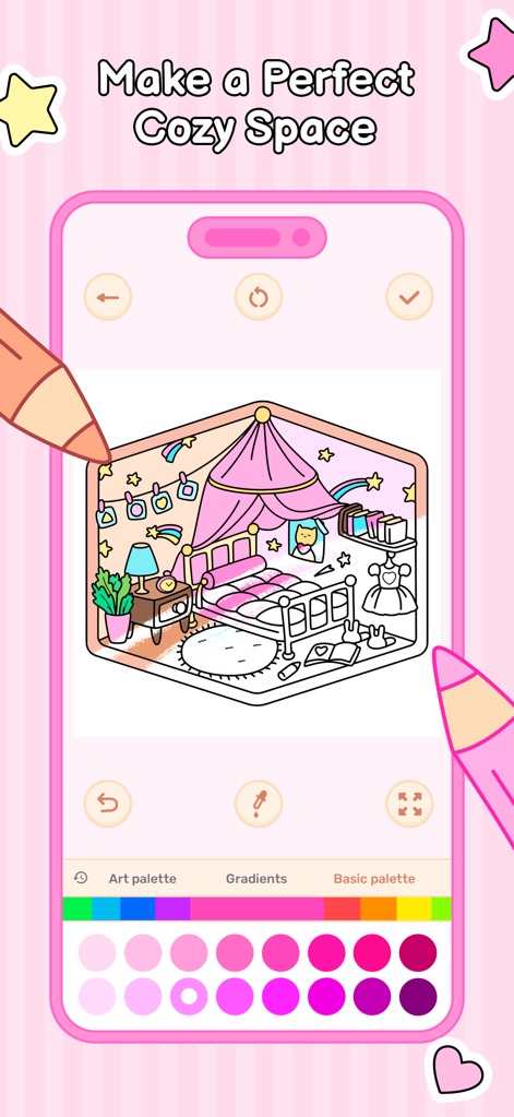 Cozy Home: Comfy Coloring Book - 사용자는 화려한 캐노피 침대가 있는 침실과 같은 그림에 핑크색과 보라색 계열의 다양한 색상 팔레트를 사용하여 섬세하게 자신만의 스타일을 입힐 수 있습니다.