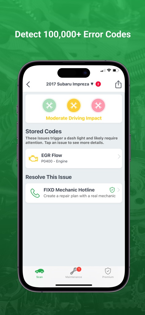 FIXD OBD2 Scanner - Discover how the app quickly identifies vehicle issues, displaying 'Stored Codes' such as 'EGR Flow' problems and offering direct access to the 'FIXD Mechanic Hotline' for resolution.