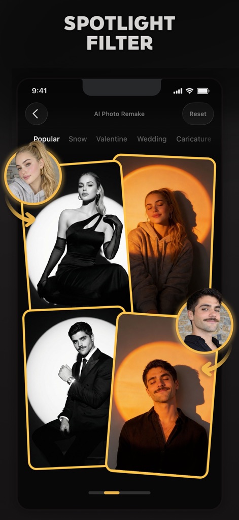 Pose: AI Photo Video Generator - Dieses Tool wendet künstlerische Spotlicht-Filter an, die Personen in eleganten Outfits im Schwarz-Weiß-Stil und in warm beleuchteten Umgebungen hervorheben.