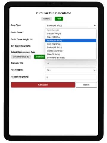 Round Bin Grain Calculator iPad screenshot
