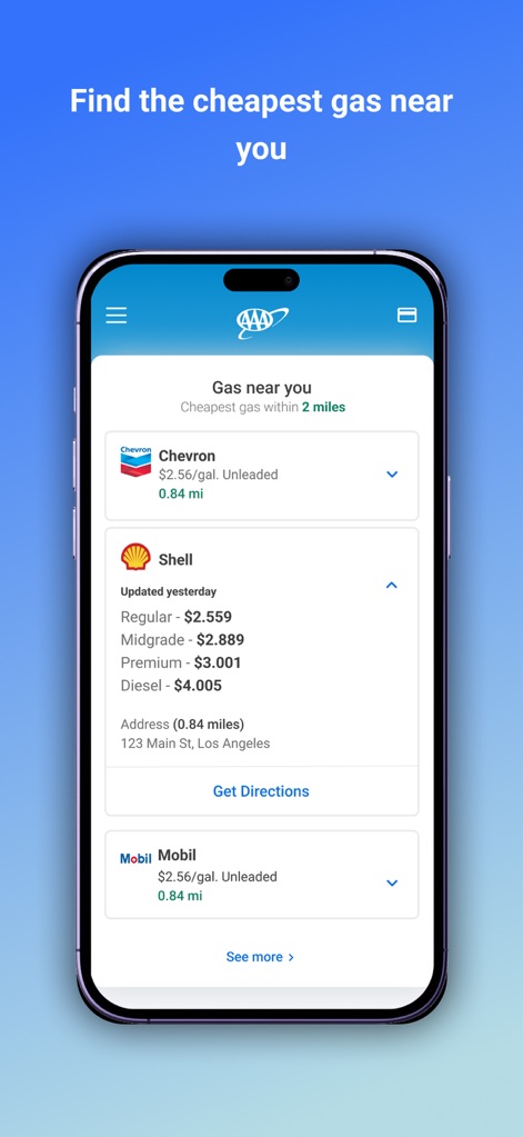 AAA Auto Club - 이 도구는 사용자 주변 2마일 이내의 주유소 목록을 보여주며, 쉘(Shell) 주유소의 일반유($2.559) 및 고급유 가격을 포함한 상세 정보를 제공합니다.