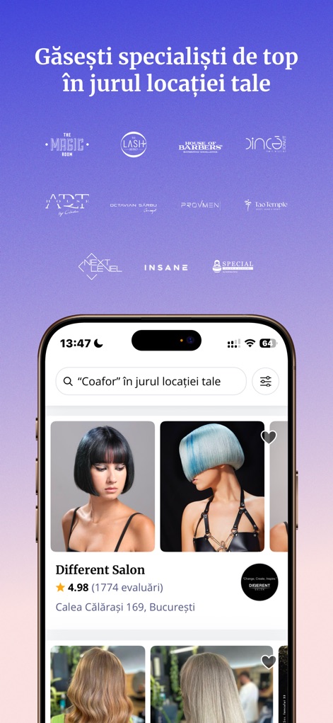 MERO - Programări Online - This tool allows users to easily find top-rated beauty specialists nearby and browse detailed salon profiles.