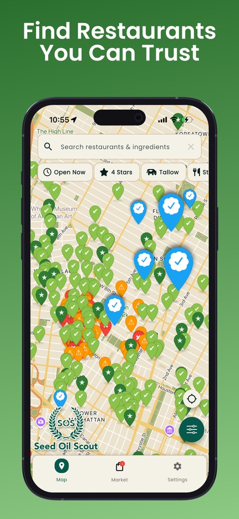 Seed Oil Scout: Healthy Dining - The interactive map empowers users to 'Find Restaurants You Can Trust' through a visual display of vetted eateries and precise filtering options like 'Tallow' availability and '4 Stars' ratings.
