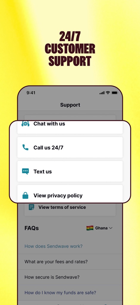 Sendwave Send & Transfer Money - Access the app's dedicated support hub, featuring multiple communication channels like chat and call, complemented by readily available FAQs for quick assistance.