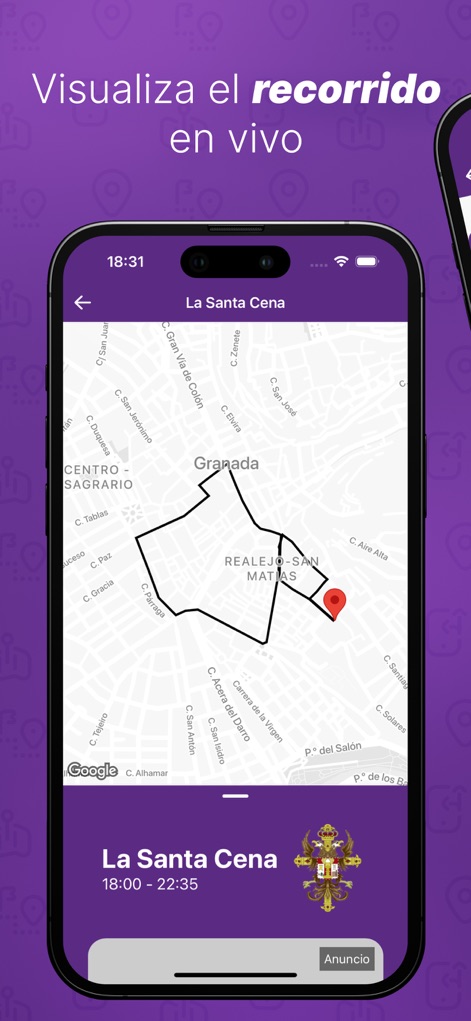 GeoPasos - Users can visualize the entire, outlined route of specific processions on a map, featuring a precise location marker to track current progress.