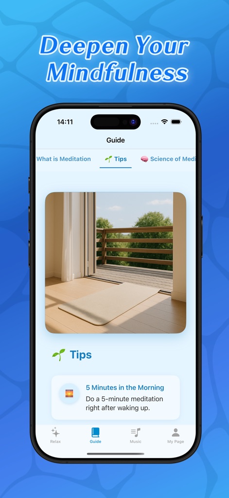 AQUA - Meditative Video Chat - Discover the app's structured guide section, offering practical meditation tips and valuable educational content to deepen users' mindfulness journey.