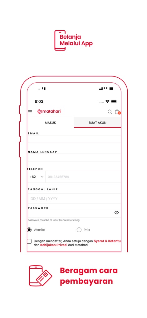 Matahari App - The app ensures a smooth onboarding experience with detailed registration fields for new users and a clear checkbox for terms acceptance.