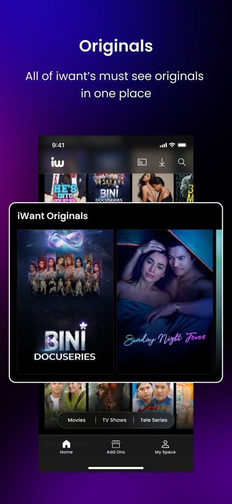 iWantTFC - This section highlights iWantTFC's exclusive original series, displaying captivating thumbnails for titles such as "BINI DOCUSERIES" and "Sunday Night Fever."