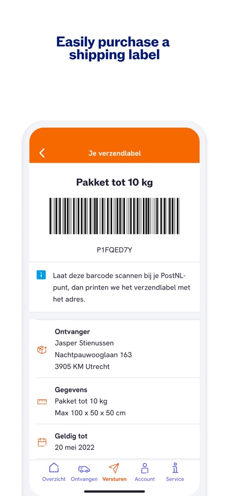 PostNL - The app simplifies shipping by generating a scannable shipping label barcode and clearly displaying all necessary "Ontvanger" (recipient) and package "Gegevens" (details).