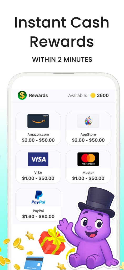 MONEY CASH - Fun & Earn - Questa schermata evidenzia le diverse 'Rewards' disponibili, come carte regalo 'AppStore' e credito 'PayPal', che gli utenti possono riscattare utilizzando i punti accumulati, visibili nel contatore in alto.