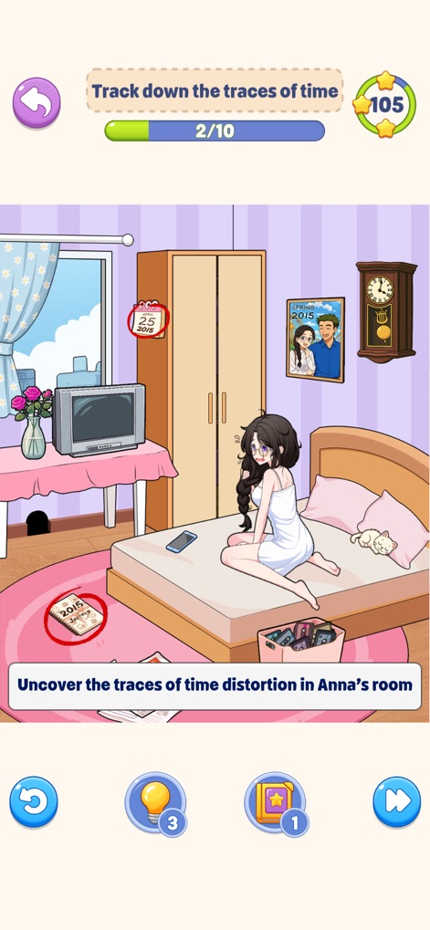 Tricky Story - Nutzer können Anna helfen, die Spuren einer Zeitverzerrung in ihrem Schlafzimmer zu entdecken, symbolisiert durch den alten Röhrenfernseher und den Datumsunterschied zwischen den Kalendern.