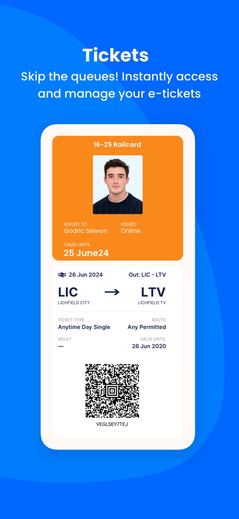 TrainPal: UK& EU train tickets - Die App ermöglicht die bequeme Verwaltung von E-Tickets, die einen gut sichtbaren QR-Code für den einfachen Zugang und alle wichtigen Reiseinformationen wie die Route von LIC nach LTV sowie persönliche Details des Nutzers enthalten.