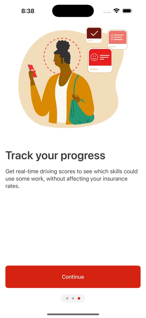 Steer Clear® - This screen informs users about their 'real-time driving scores' and assures them that tracking their progress won't impact insurance rates.