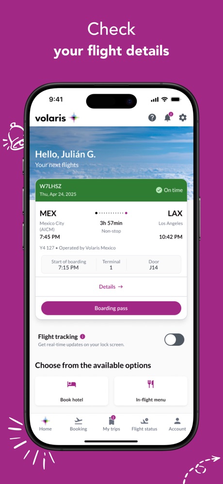 Volaris App Store screenshot 4, headline “Check your flight details”. Pink.