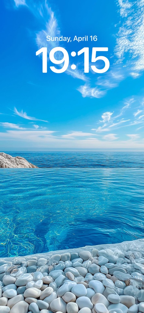 Wallcraft – Wallpapers, live - This captivating lock screen shows an infinity pool blending into the ocean horizon, accented by clear blue skies and a crisp white time display.