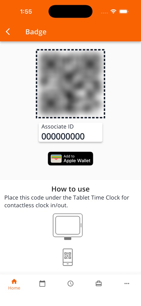 Workforce Tools - The app streamlines clock-in with a digital badge, featuring a scannable QR code and the convenient option to 'Add to Apple Wallet'.