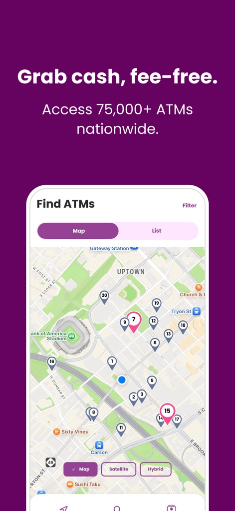 Ally: Bank, Auto & Invest - The app features an integrated ATM locator with a clear 'Map' view, allowing users to easily find nearby Allpoint® and MoneyPass® ATMs.