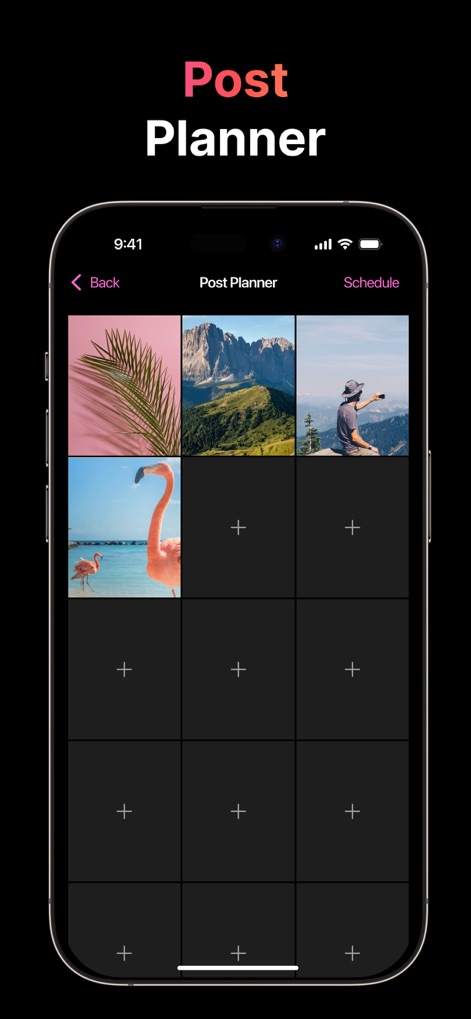 Unfollow Tracker & Reports - The post planner visualizes scheduled content in a grid layout, enabling users to easily add new images and organize their Instagram feed.