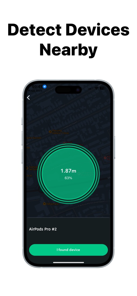Find: my phone,device tracker - This screen highlights the app's 'Detect Devices Nearby' capability, presenting the device's precise '1.87m' distance and a '63%' signal strength for effective tracking.