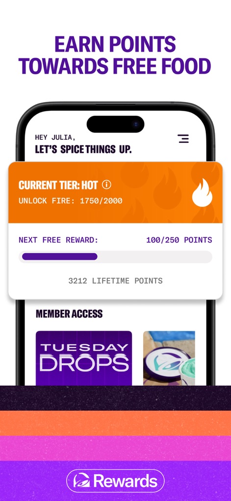 Taco Bell Fast Food & Delivery - This screen visually tracks the user's loyalty progress, showcasing their 'Current Tier: Hot' status and detailing '3212 Lifetime Points' earned for free food.
