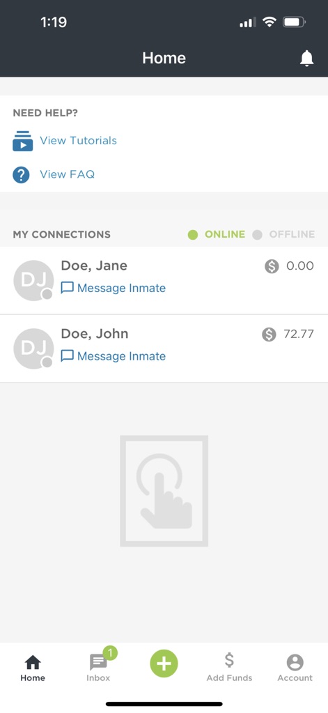 HomeWAV - The app provides a clear 'My Connections' list for quick access to contacts and offers convenient 'View Tutorials' for user support.