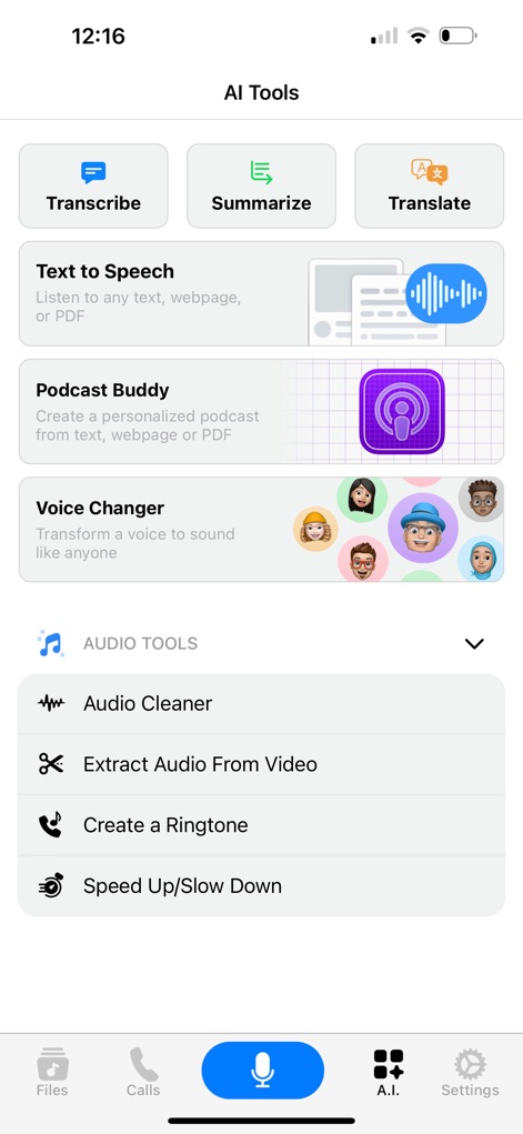 Voice Recorder & Audio Editor - This tool presents a comprehensive suite of AI capabilities including 'Transcribe' and 'Summarize,' alongside essential 'Audio Tools' for advanced sound manipulation.