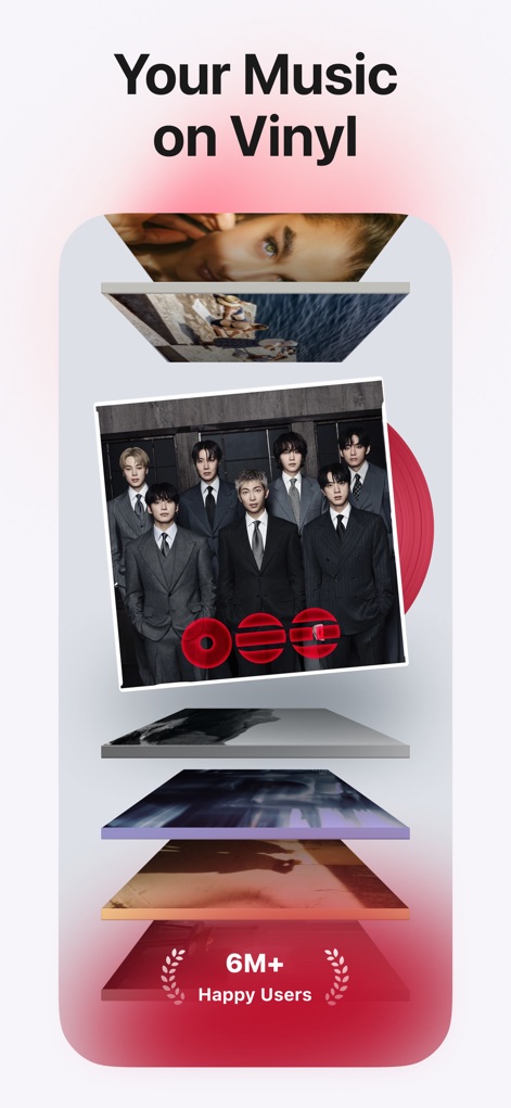 MD Vinyl for Music App - La aplicación transforma la experiencia musical digital, mostrando una pila visual de discos de vinilo y destacando su popularidad con la insignia de '6M+ Happy Users'.
