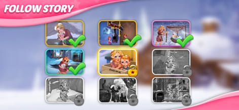 Matchington Mansion - Users can explore the episodic story progression, marked by completed scenes and intriguing locked narrative chapters, building anticipation.