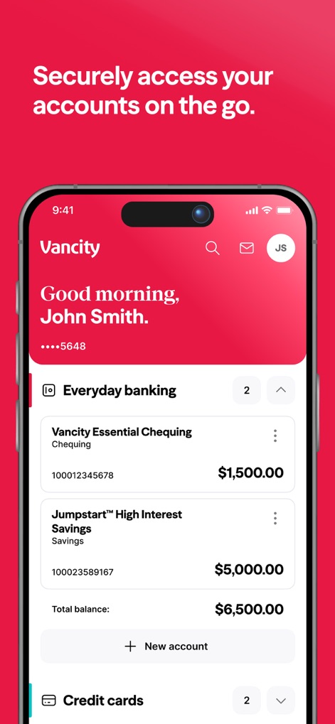 Vancity - Die Abbildung präsentiert die übersichtliche Kontenübersicht, in der Nutzer die aktuellen Salden ihres „Vancity Essential Chequing“-Kontos und des „Jumpstart™ High Interest Savings“-Kontos einsehen können.